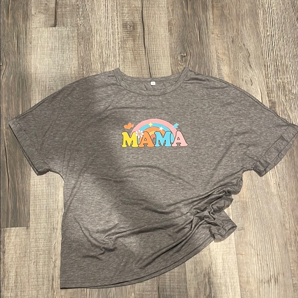 Gray Short Sleeve Tee with Colorful 'MAMA' Design